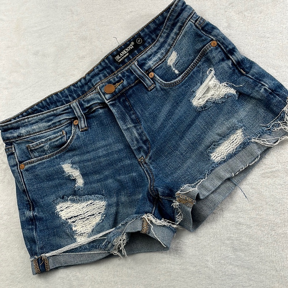 Blank NYC 27, 4 Dark Blue Mid Rise Raw Hem Fray Distressed Tomboy‎ Short